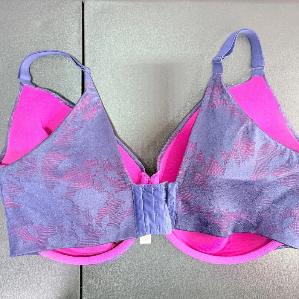 Cacique Underwire Bra Womens 42H Pink Navy Lined Floral Lace Full Coverage